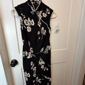 Evan Picone Black and Cream Floral Midi Dress.  Asian inspired.
